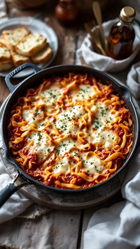 A delicious one-pan lasagna with layers of cheese and sauce, served in a skillet.