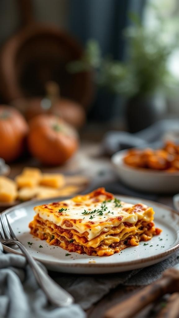 A delicious one-pan lasagna with butternut squash, served on a plate with fresh herbs and a rustic background.