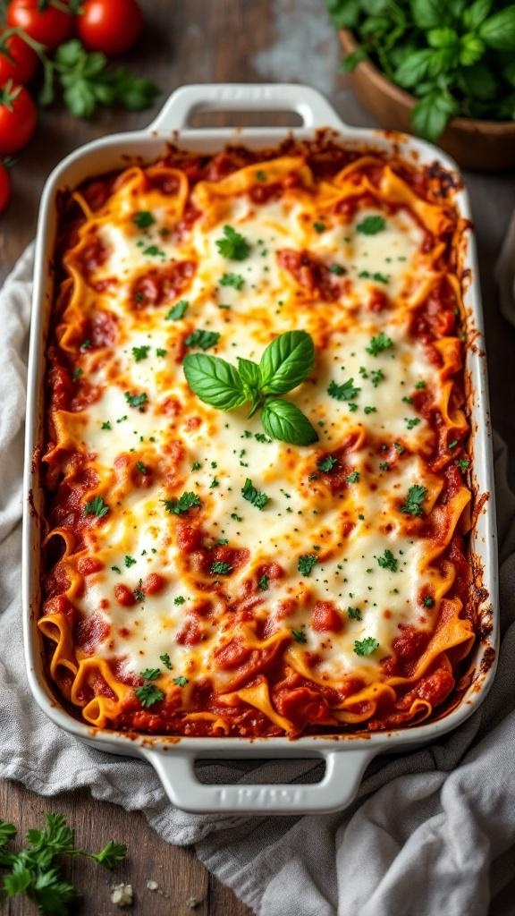 A delicious one-pan lasagna with homemade tomato sauce, topped with fresh basil and melted cheese.