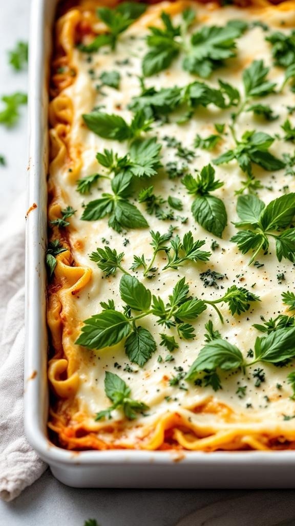 One-pan lasagna with ricotta and fresh herbs, topped with green herbs.