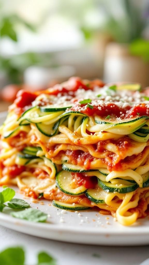 A delicious one-pan lasagna made with zucchini noodles, marinara sauce, and cheese, garnished with fresh basil.