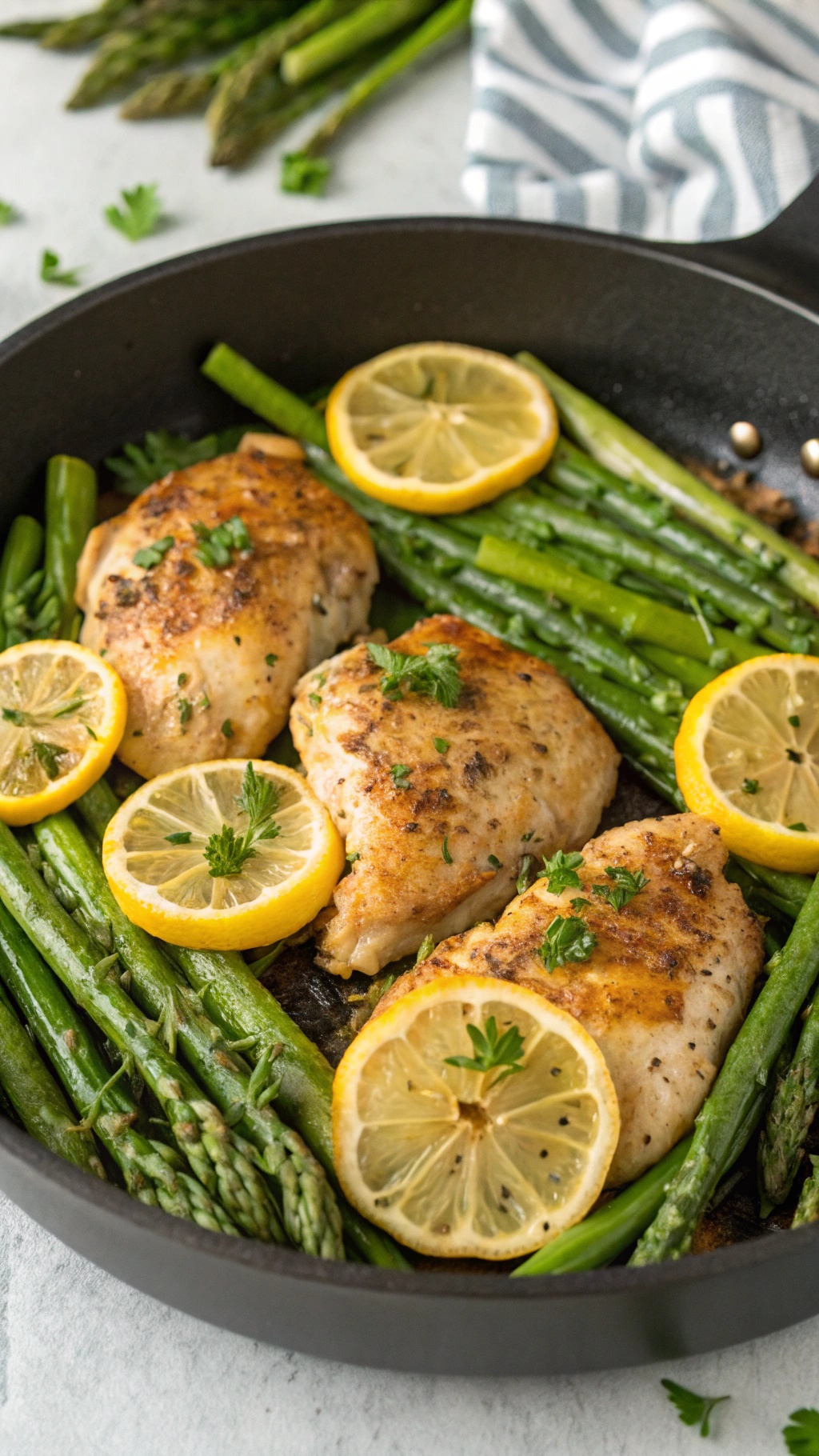One-pan lemon herb chicken thighs with asparagus and lemon slices in a skillet.