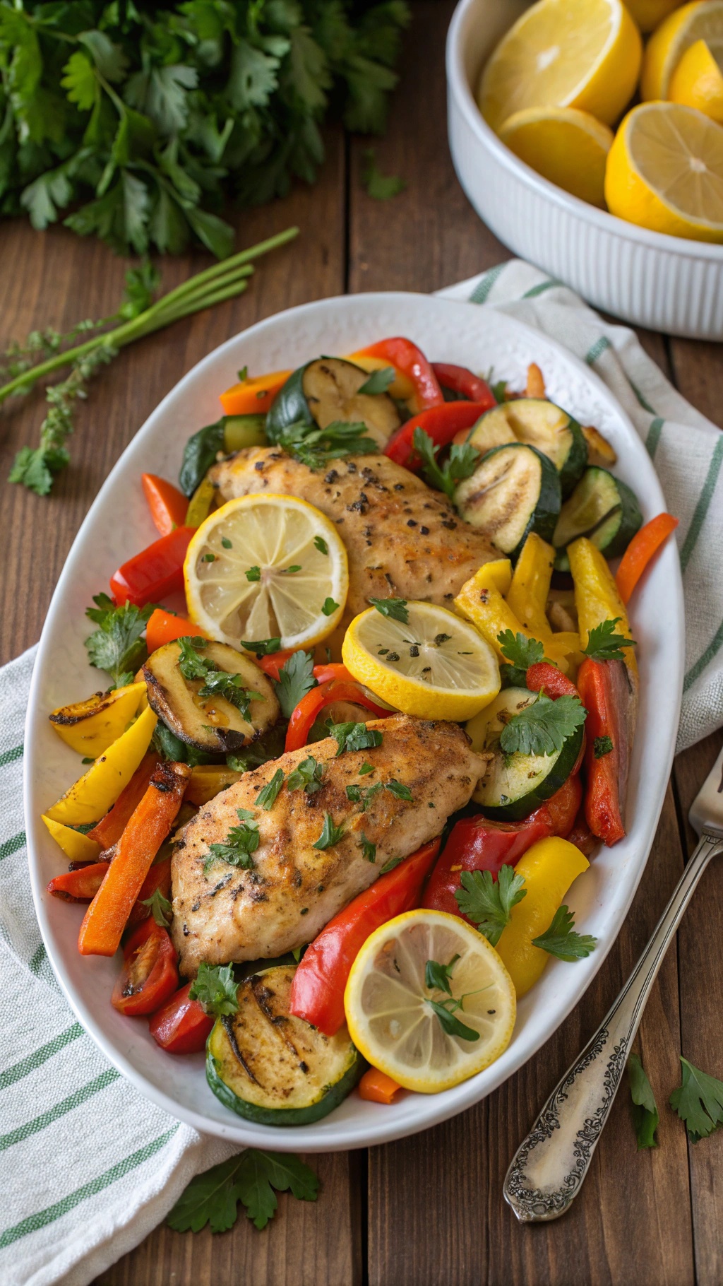 One-Pan Lemon Herb Chicken with colorful vegetables and lemon slices