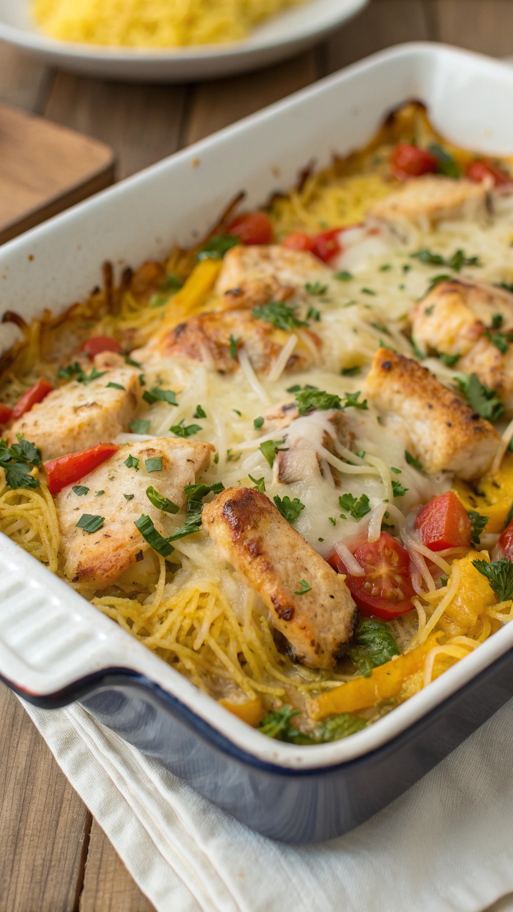 One-Pan Spaghetti Squash Chicken Bake with chicken, tomatoes, and cheese