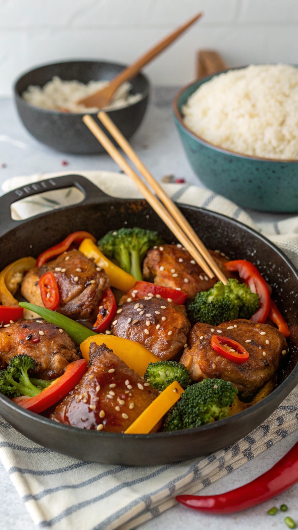 One-Pan Teriyaki Chicken Thighs with colorful vegetables and rice