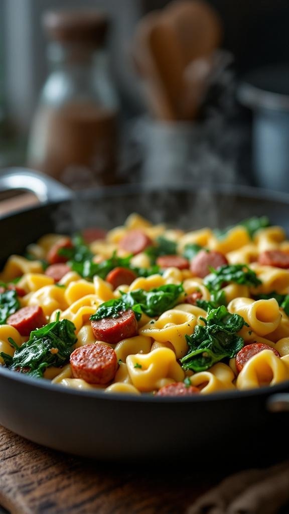A delicious one-pan tortellini dish with sausage and spinach, showcasing golden tortellini, sliced sausage, and vibrant green spinach in a skillet.
