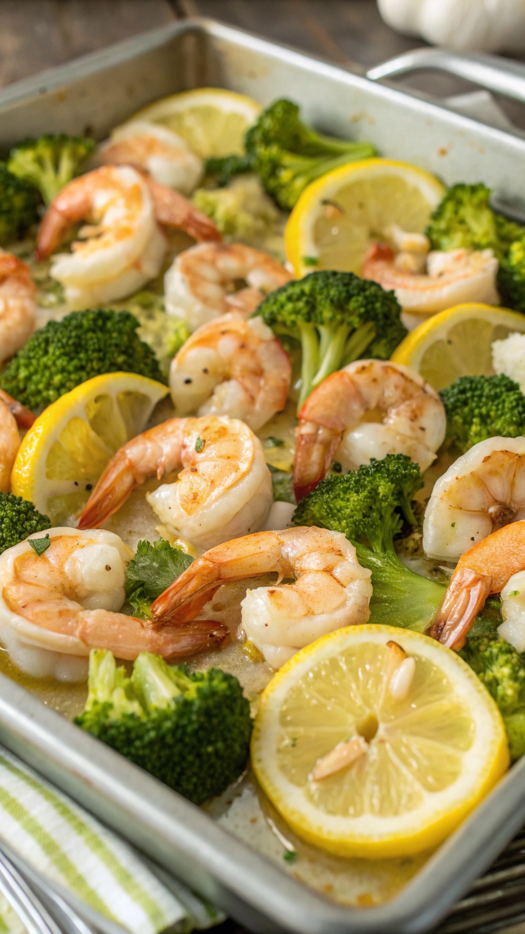A sheet pan filled with zesty lemon garlic shrimp and broccoli, garnished with lemon slices.