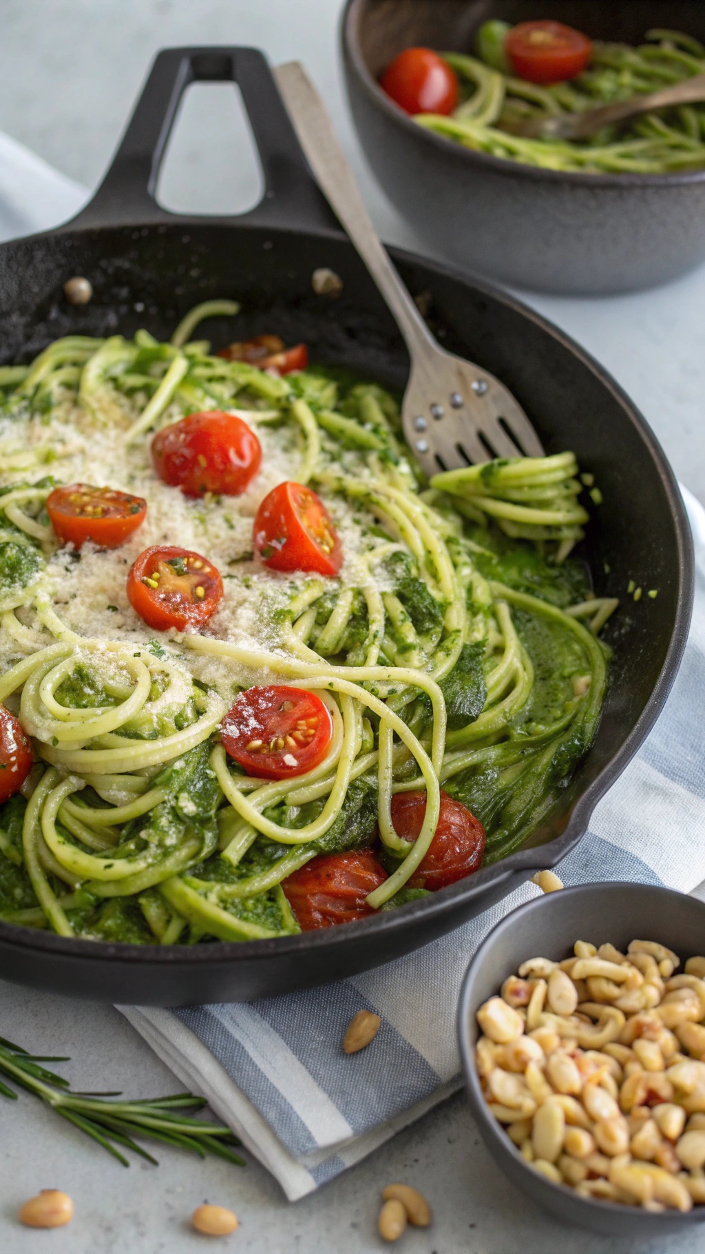 A skillet of zucchini noodles with pesto and cherry tomatoes, garnished with cheese.