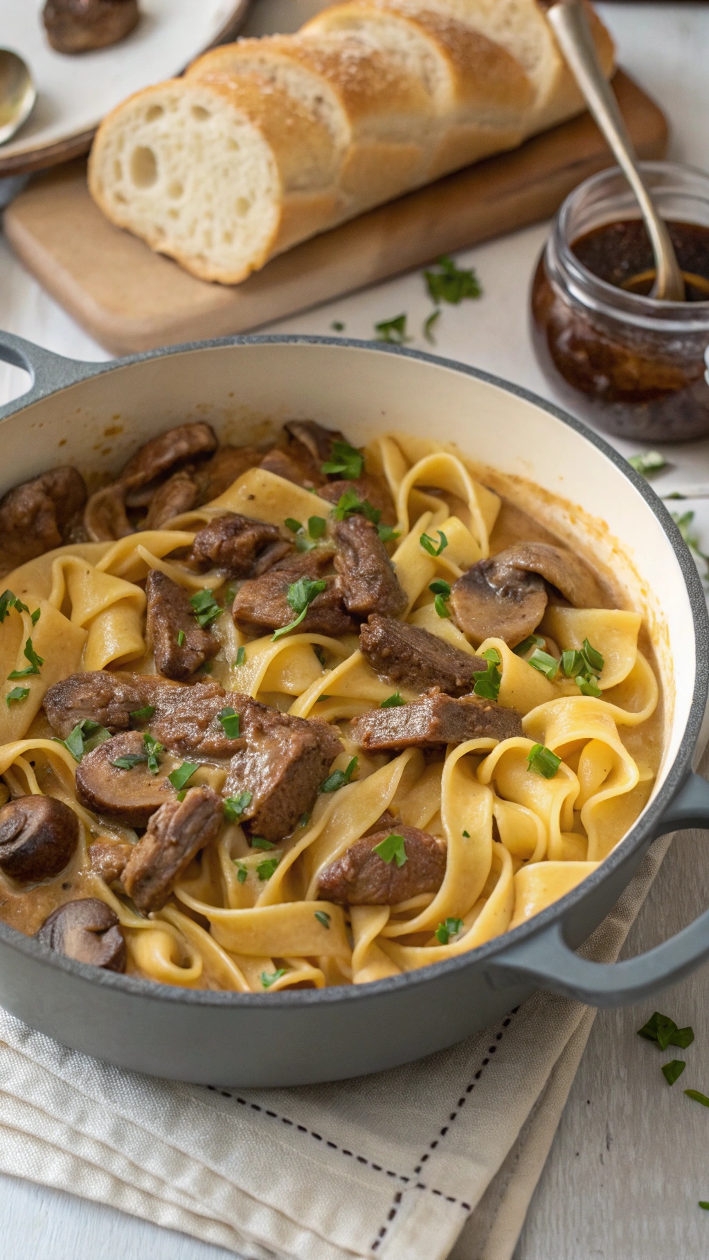A delicious one-pot beef stroganoff with egg noodles and mushrooms, garnished with parsley.