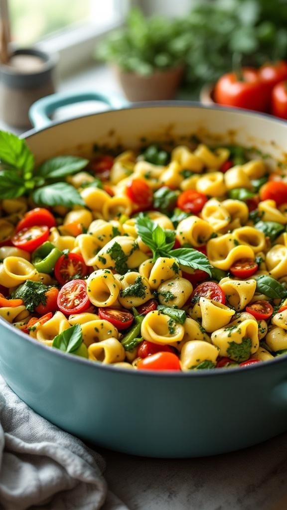 A colorful dish of pesto tortellini with cherry tomatoes and green bell peppers in a blue pot.