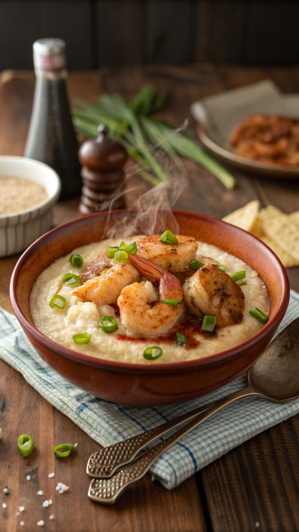 A bowl of shrimp and grits topped with green onions and bacon, served on a wooden table.