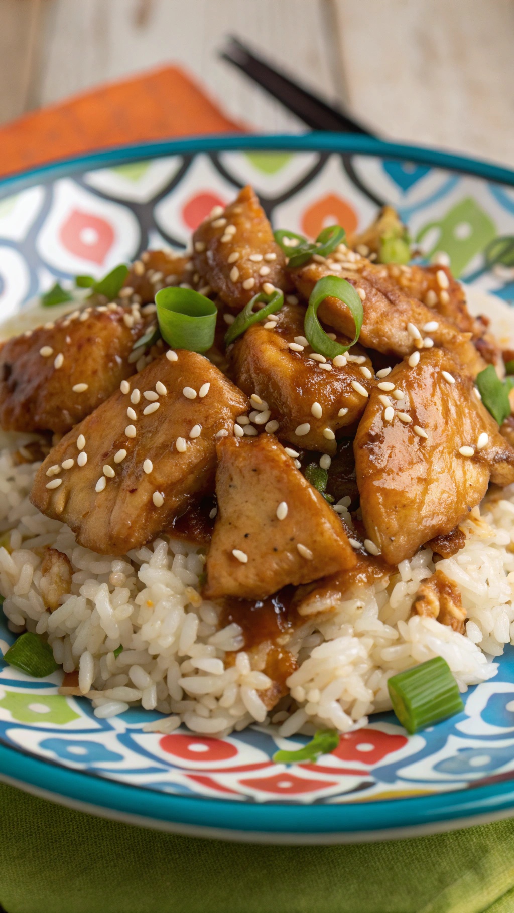 A bowl of teriyaki chicken and rice topped with sesame seeds and green onions.