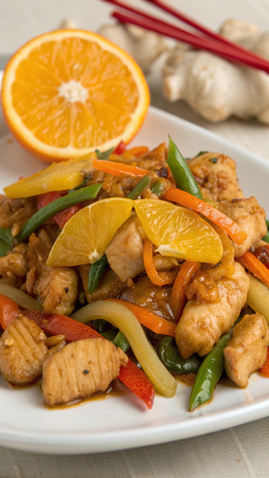 A plate of Orange Ginger Chicken with colorful vegetables and orange slices.