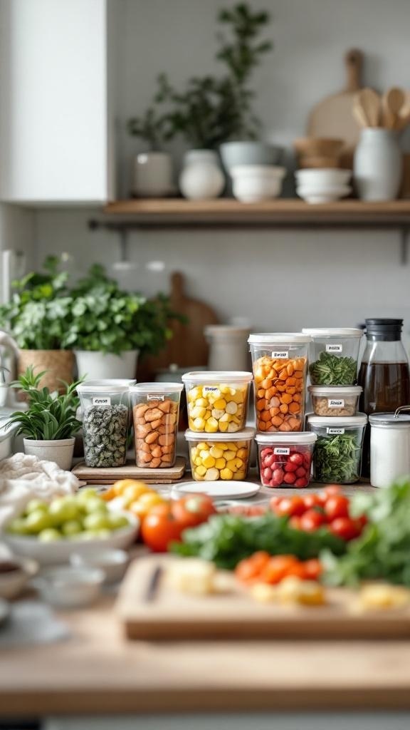 A well-organized meal prep space with colorful containers of vegetables and fresh herbs in a kitchen.