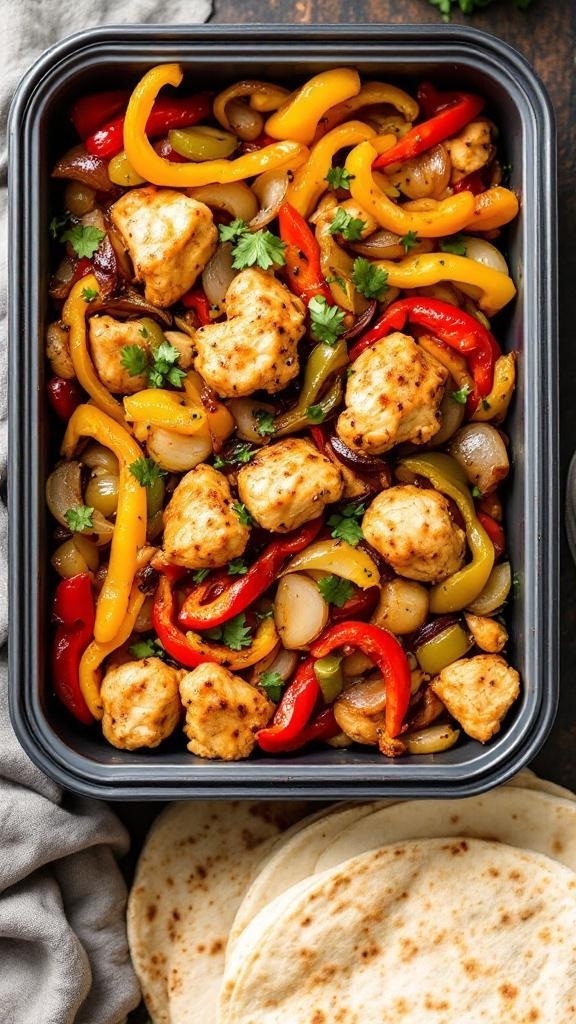 A colorful dish of oven-baked chicken fajitas with bell peppers and onions, garnished with cilantro, served with tortillas.