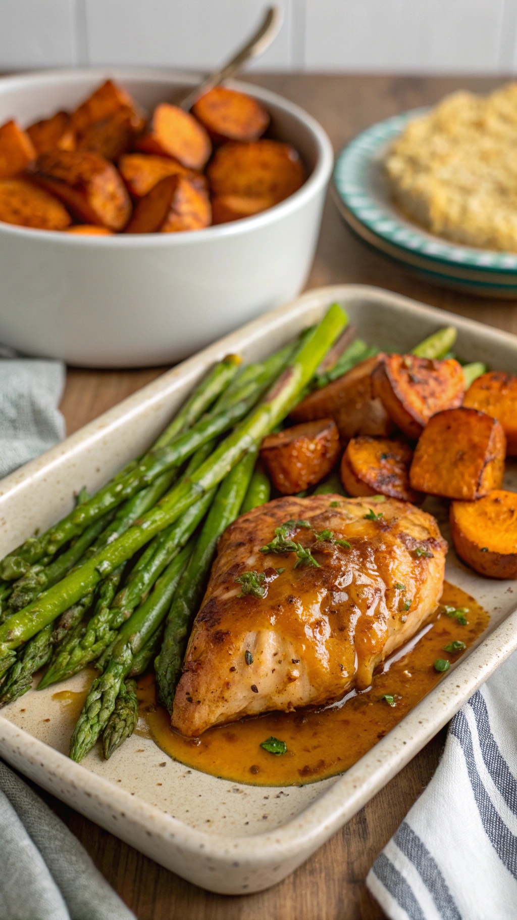 A plate of oven-baked honey mustard chicken served with asparagus and roasted sweet potatoes.