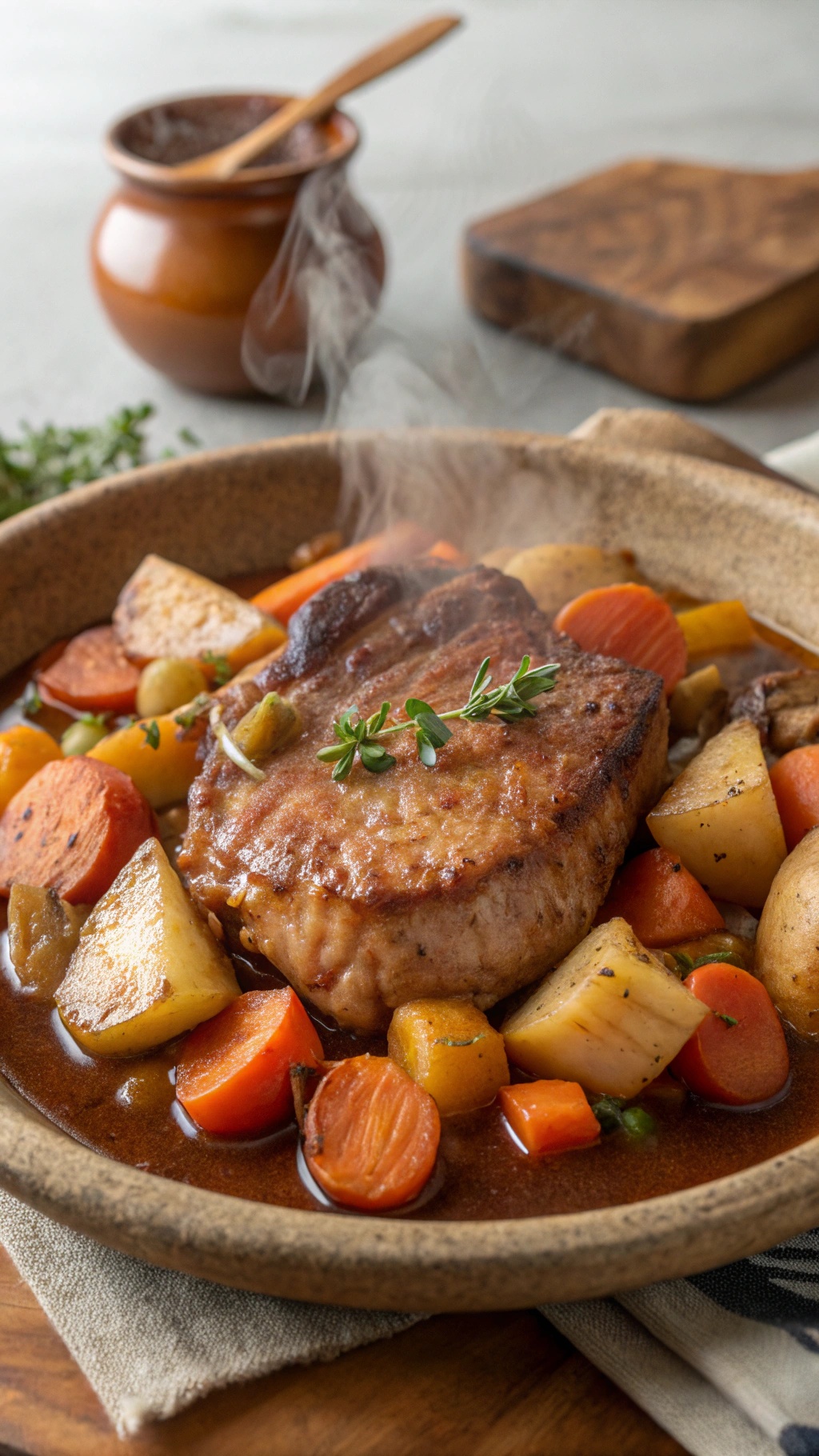 Oven-braised pork chops with root vegetables in a rustic bowl, steaming and ready to serve.