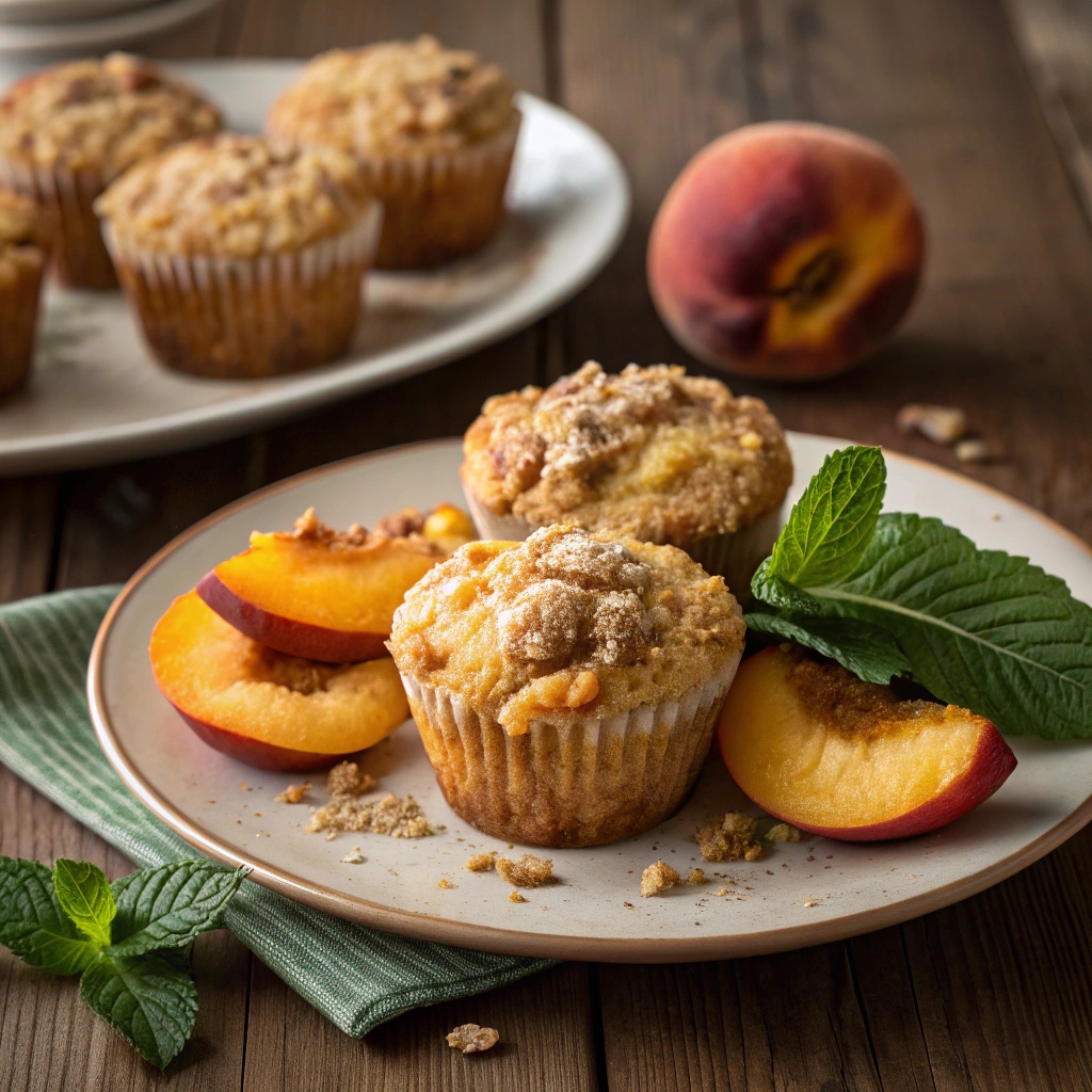 Delicious peach cobbler muffins with fresh peaches and mint garnish