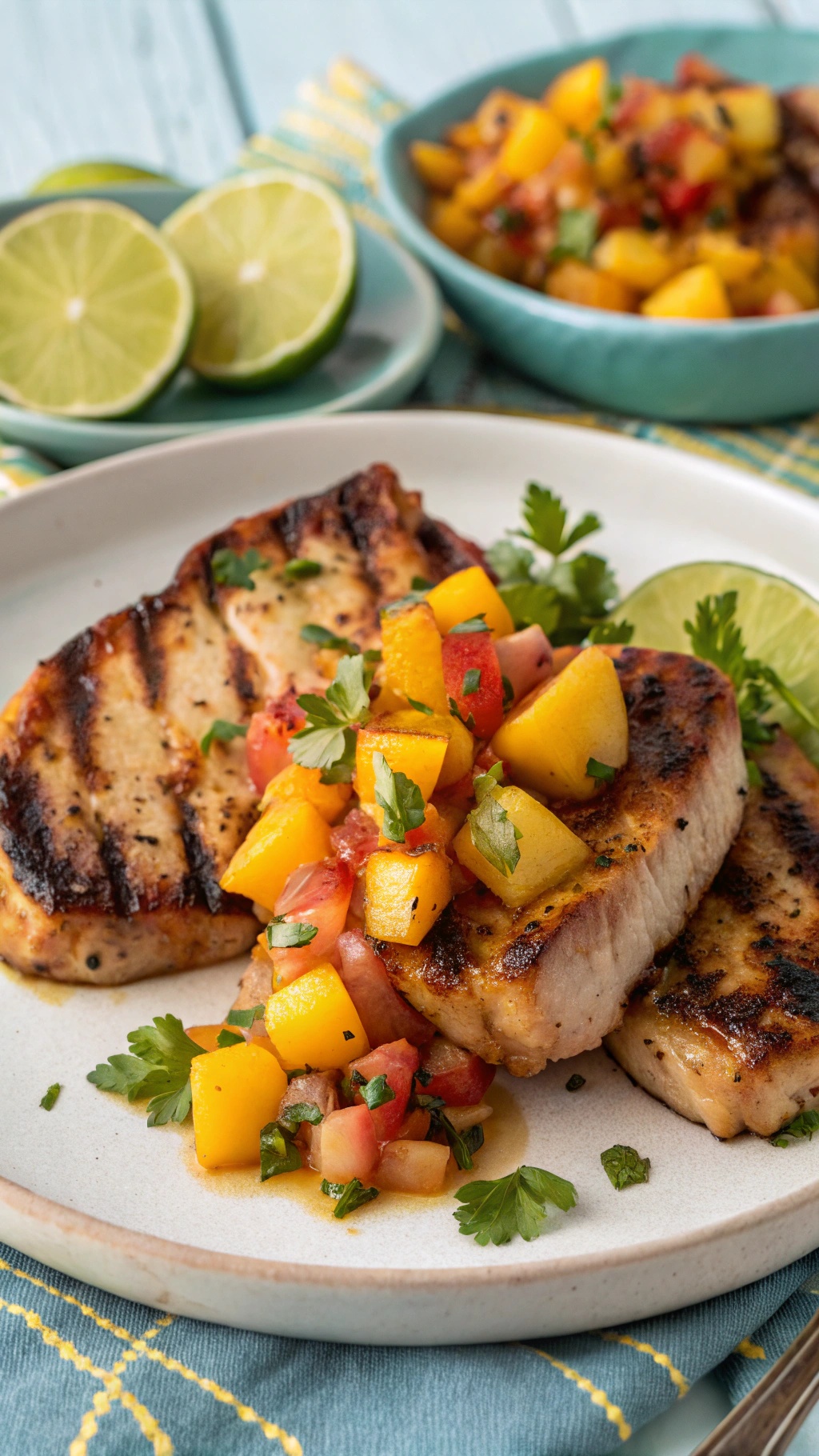 Grilled pork chops topped with peach salsa, served with lime wedges.