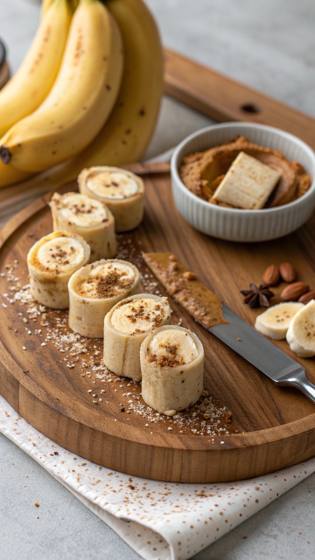 Peanut Butter Banana Roll-Ups on a wooden board with bananas in the background