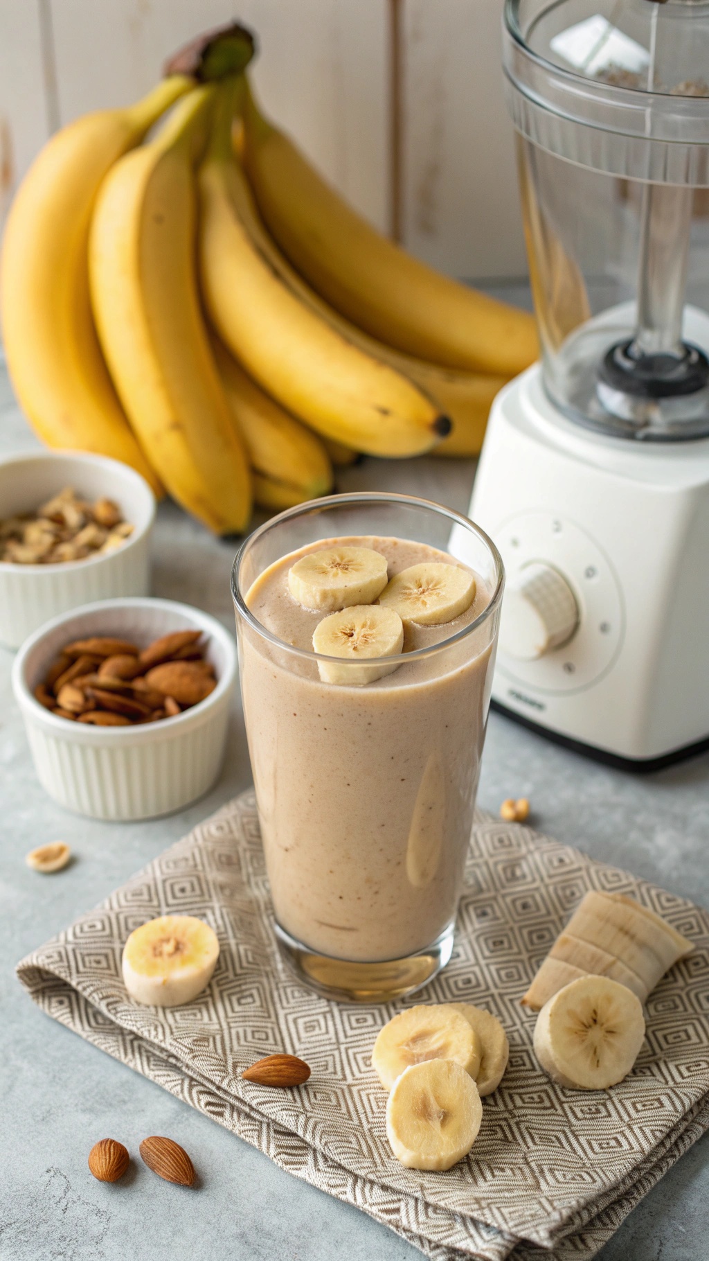 A glass of peanut butter banana smoothie with banana slices on top, surrounded by bananas and nuts.