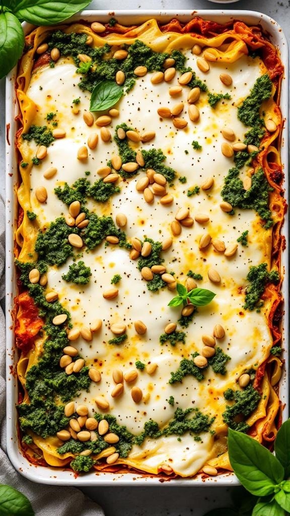 A delicious one-pan lasagna topped with pesto, mozzarella cheese, and pine nuts.