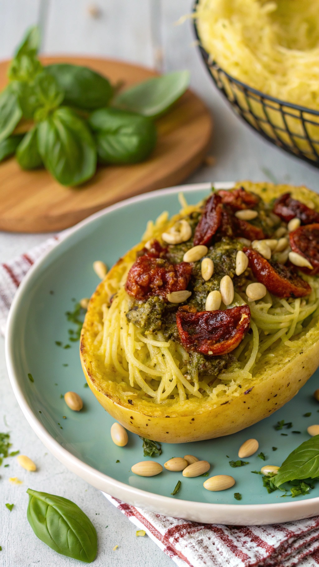 A plate of spaghetti squash topped with pesto, sun-dried tomatoes, and pine nuts, garnished with fresh basil.