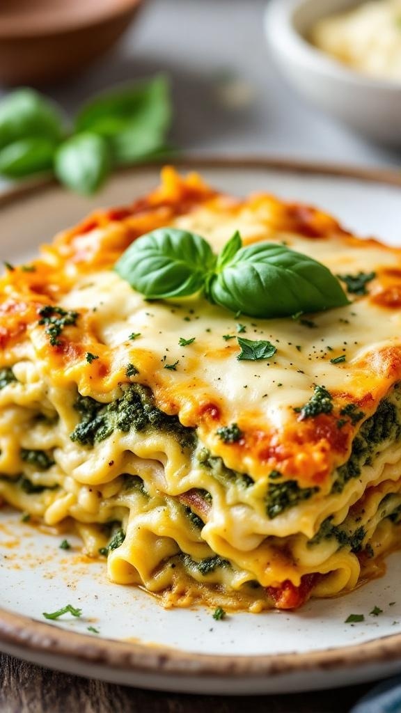 A delicious serving of pesto chicken lasagna with layers of cheese and fresh basil on top.