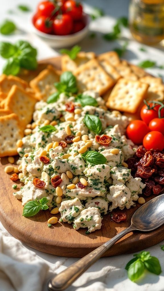 A colorful pesto chicken salad board with crackers, cherry tomatoes, and fresh basil.
