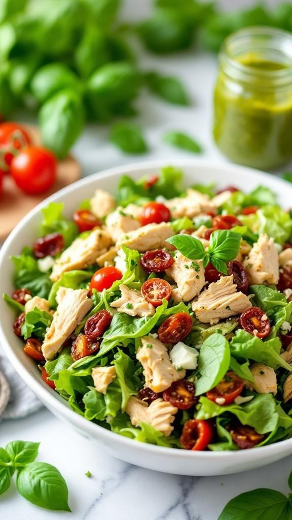 A colorful bowl of pesto chicken salad with sun-dried tomatoes, cherry tomatoes, and fresh basil.