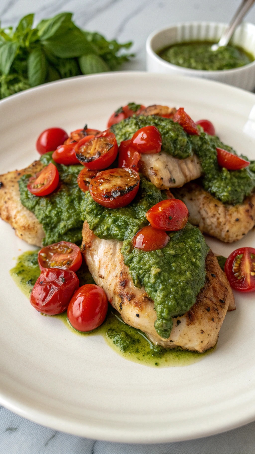 Grilled chicken thighs topped with pesto and cherry tomatoes on a plate.
