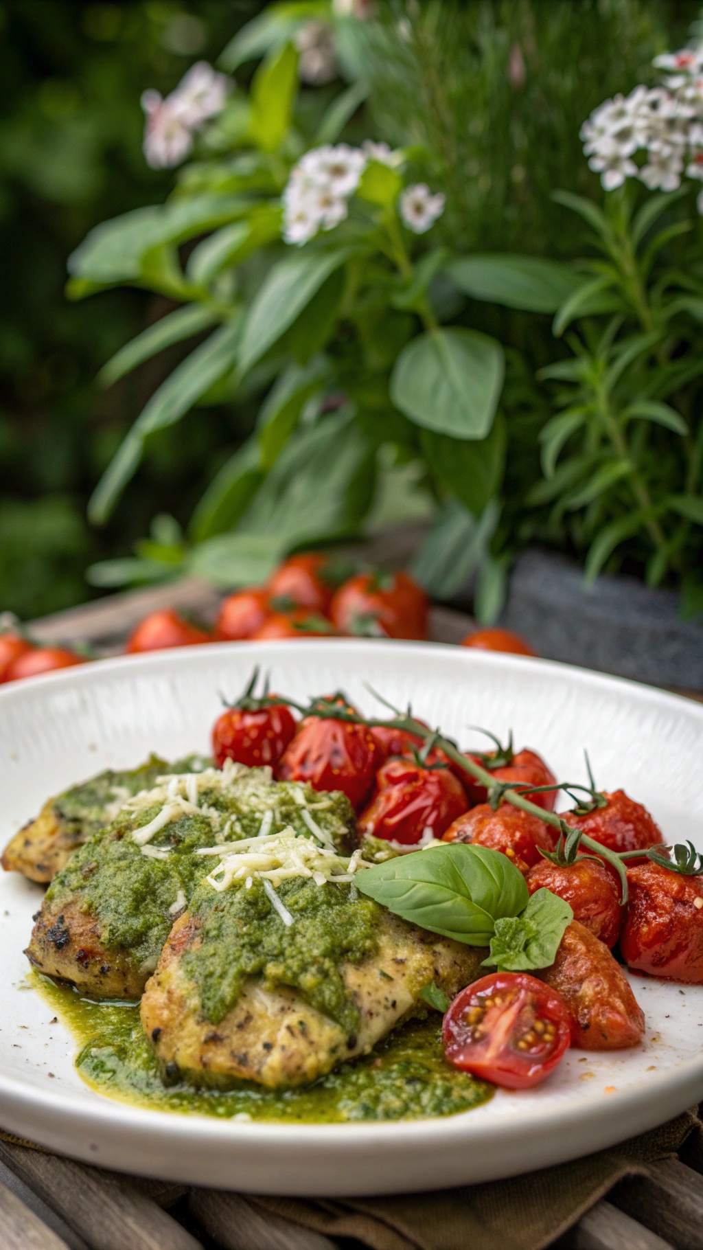 Pesto chicken thighs served with roasted cherry tomatoes and fresh basil