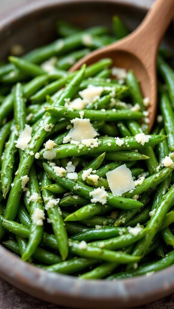 A bowl of pesto green beans topped with Parmesan cheese.