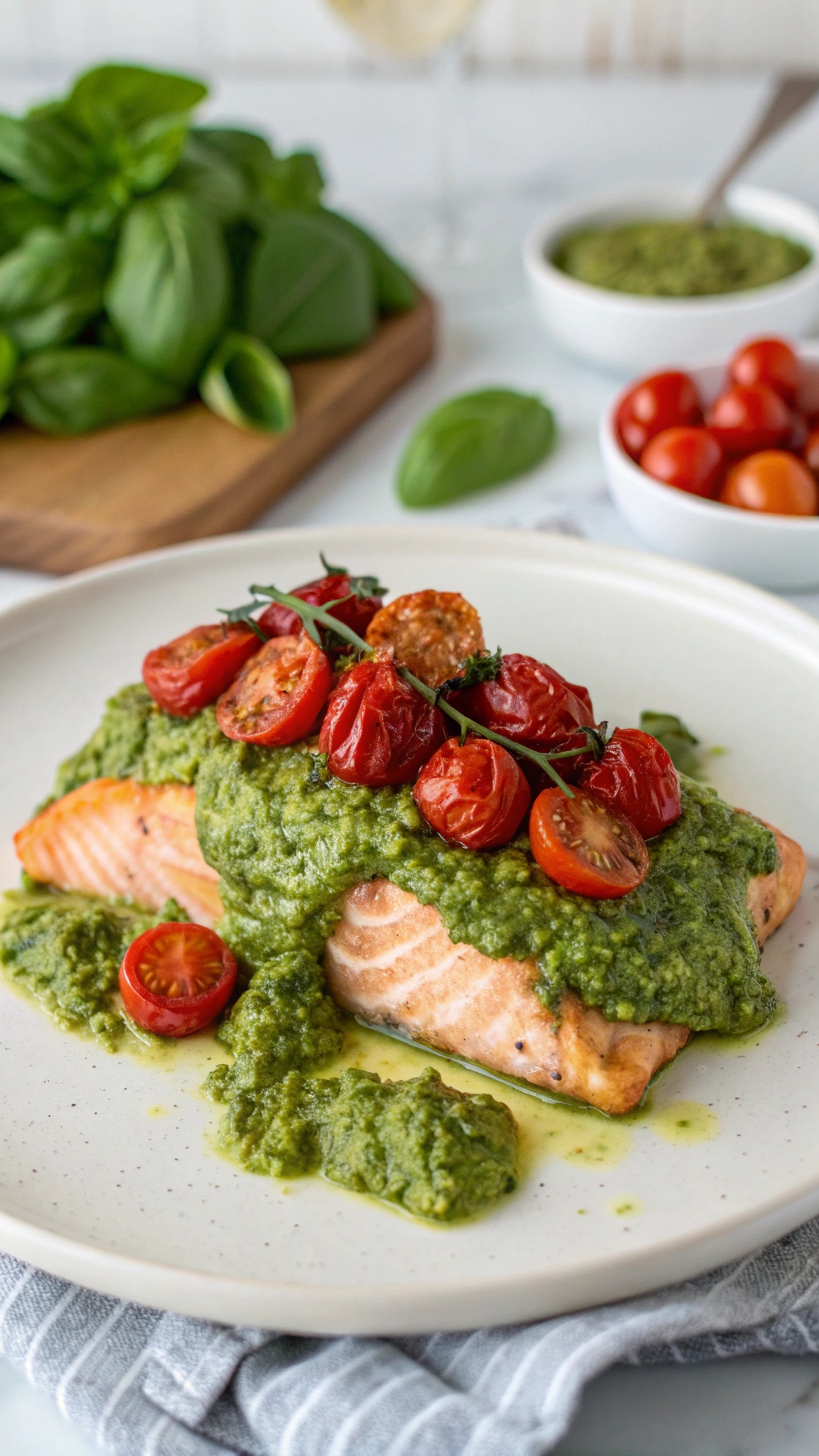 A plate of pesto salmon topped with roasted tomatoes, surrounded by fresh basil and pesto ingredients.