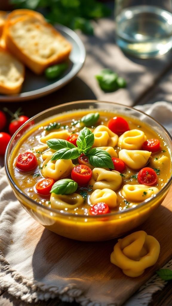 A bowl of Pesto Tortellini Soup with cherry tomatoes and basil, accompanied by slices of bread.