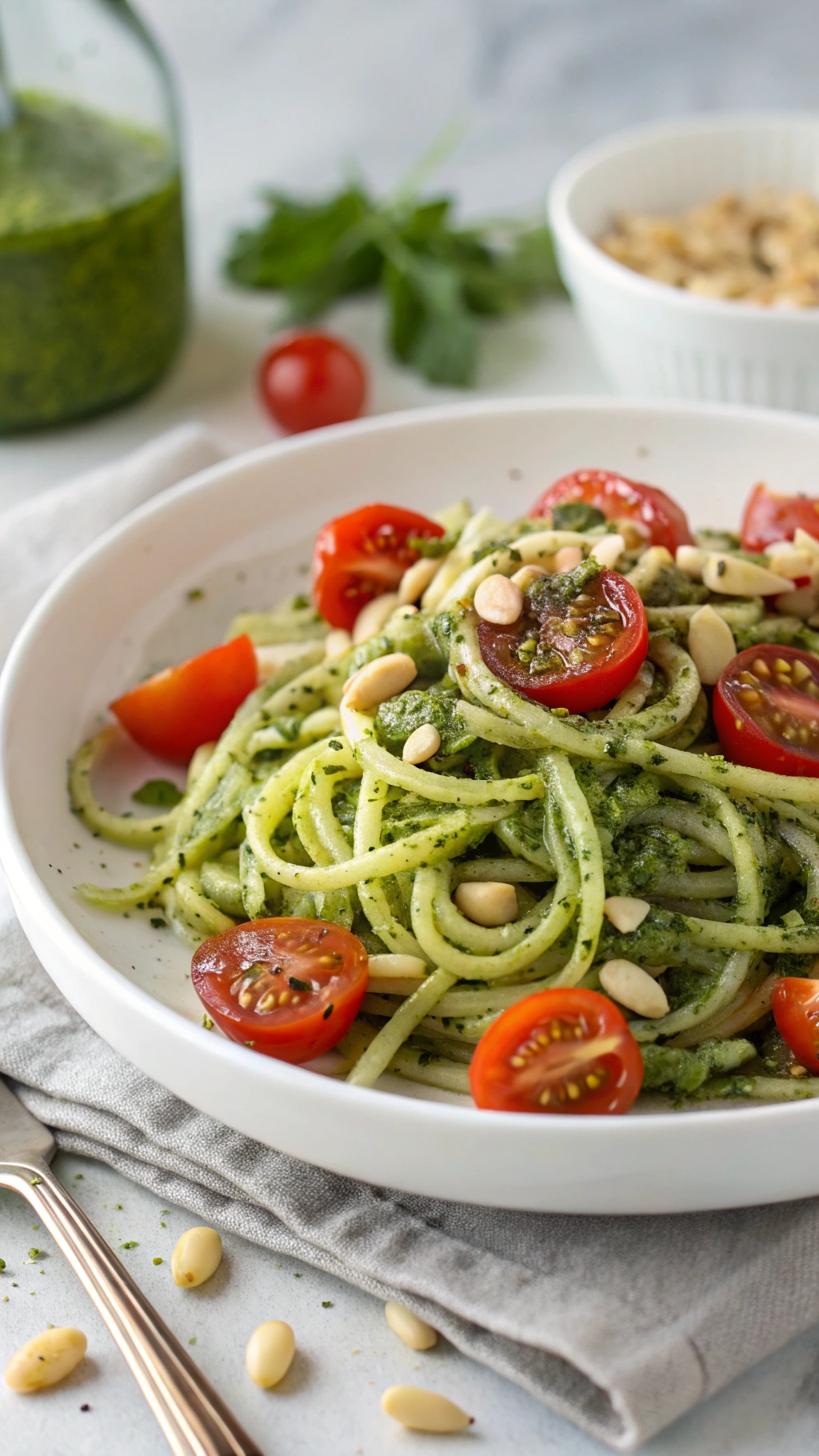 A plate of Pesto Zoodle Salad with cherry tomatoes and pine nuts.