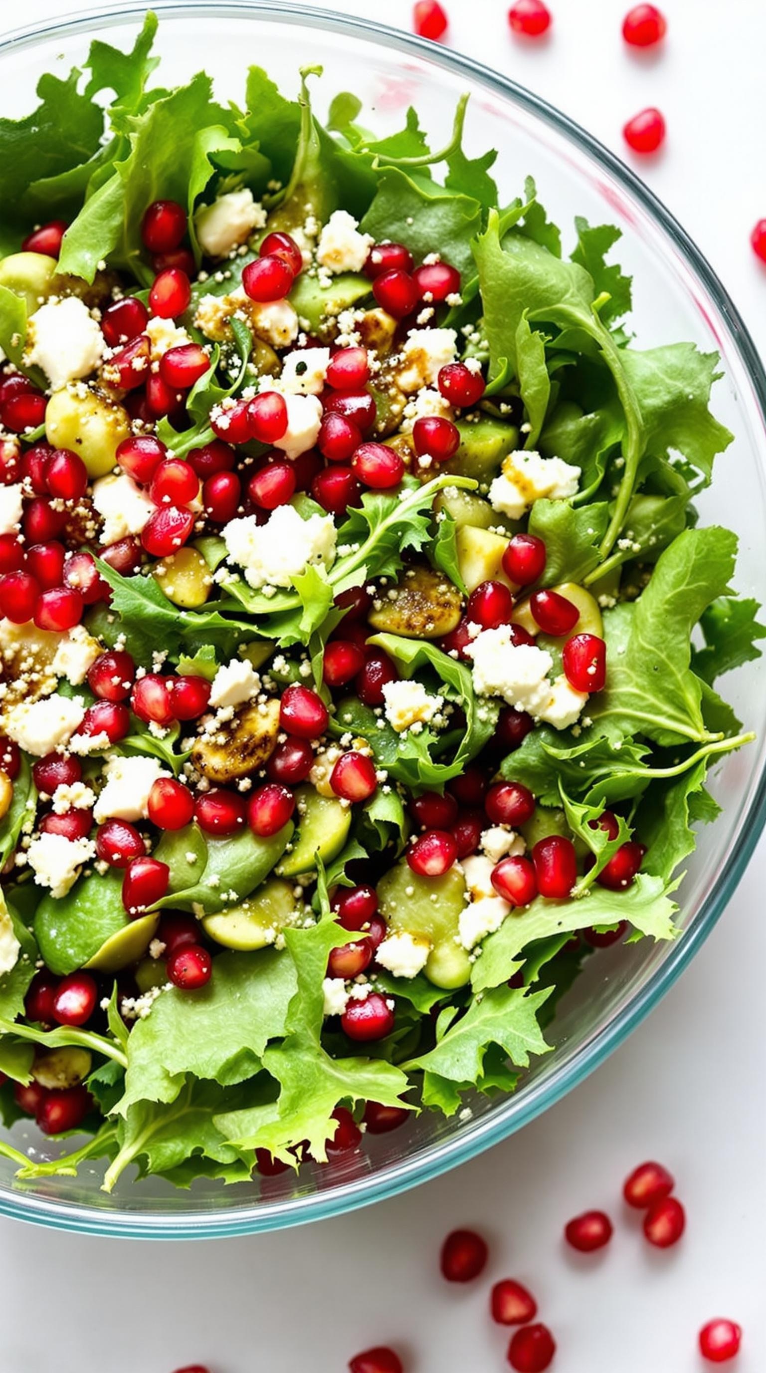 A vibrant salad with mixed greens, pomegranate seeds, cucumber slices, and crumbled feta cheese in a glass bowl.