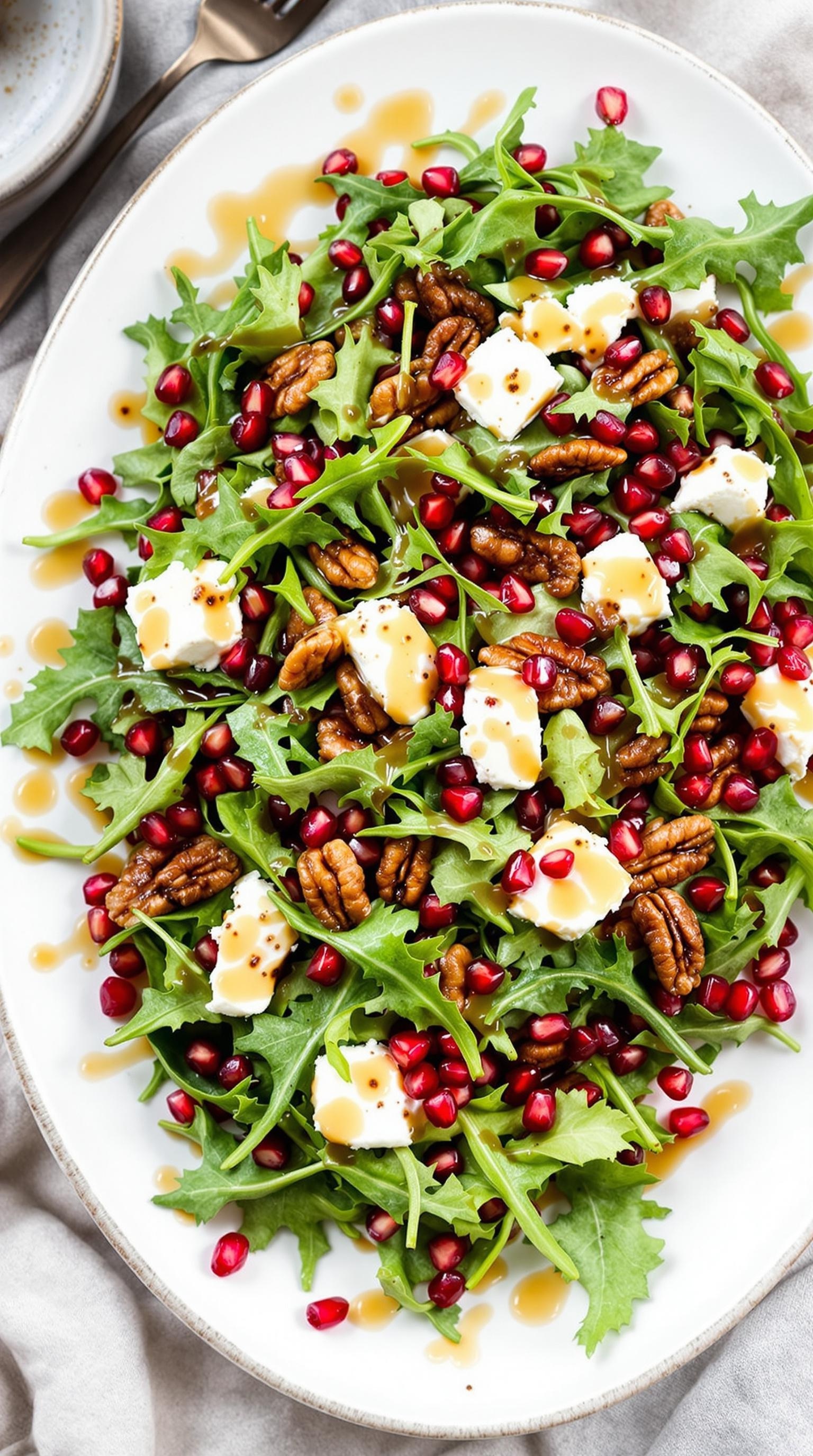 A vibrant Pomegranate and Goat Cheese Arugula Salad topped with edible flowers, pomegranate seeds, and walnuts.