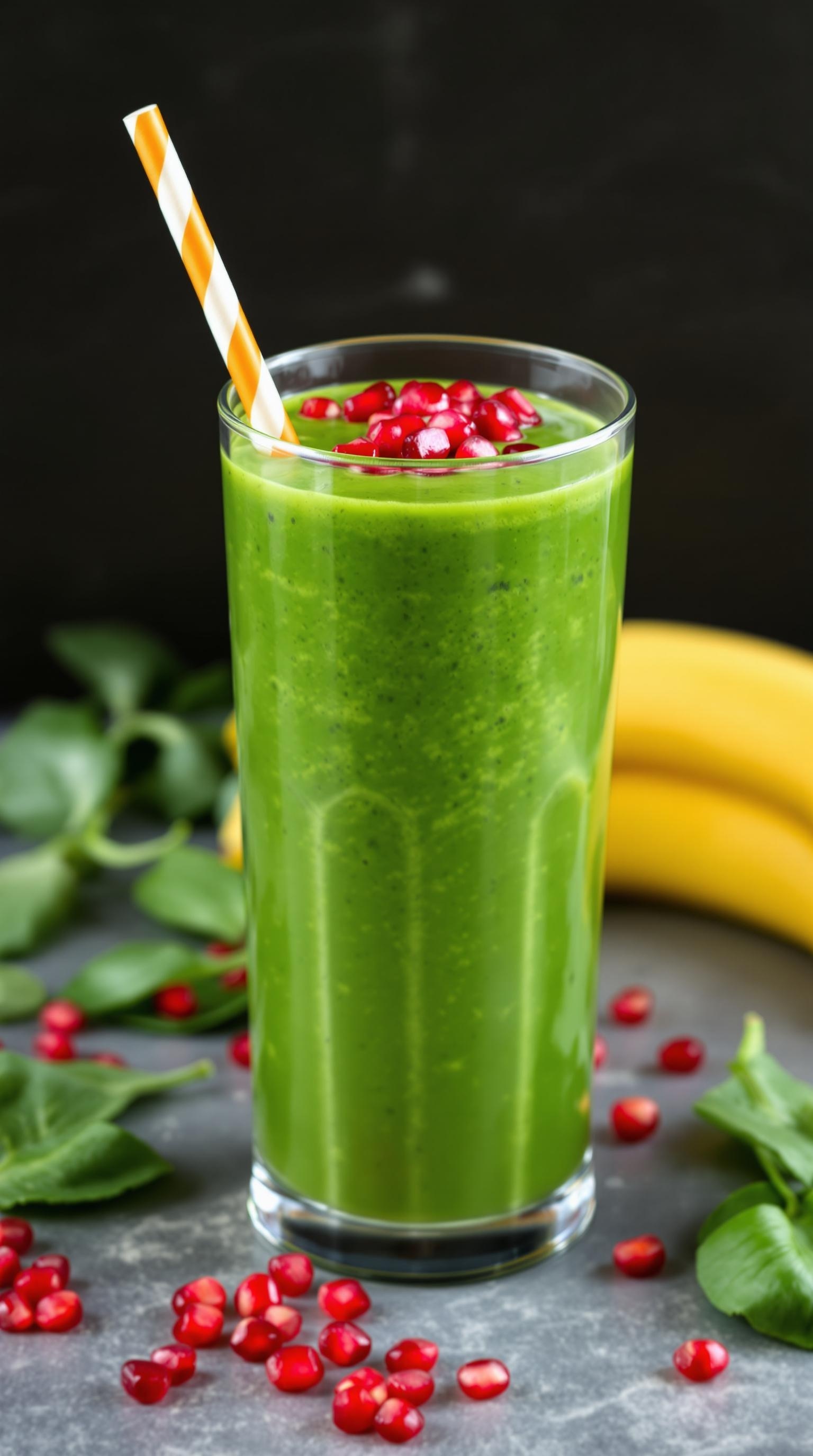 A refreshing green smoothie made with spinach and topped with pomegranate seeds, served in a tall glass with a striped straw.