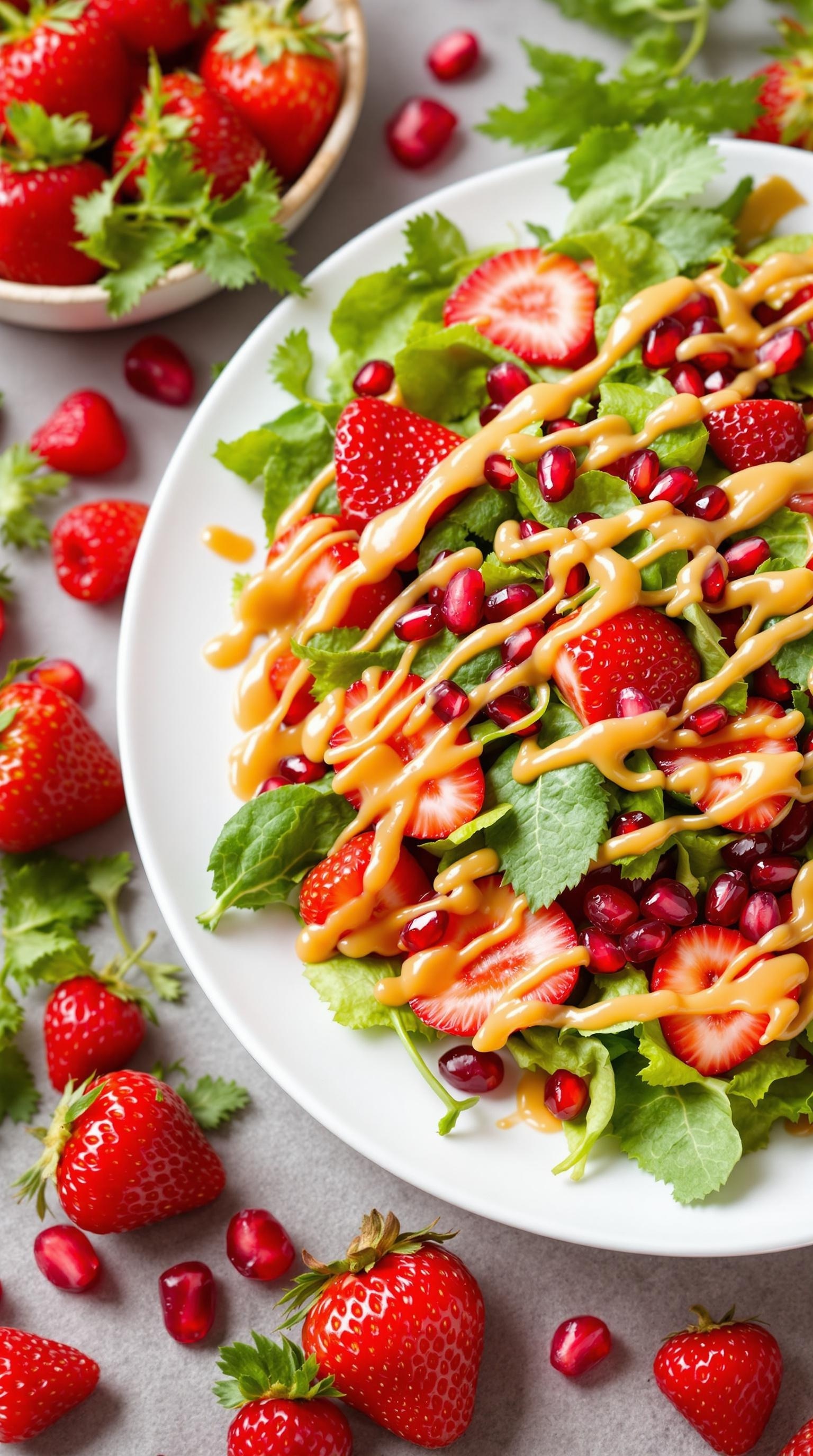 A vibrant Pomegranate and Strawberry Salad drizzled with honey, surrounded by fresh strawberries and pomegranate seeds.