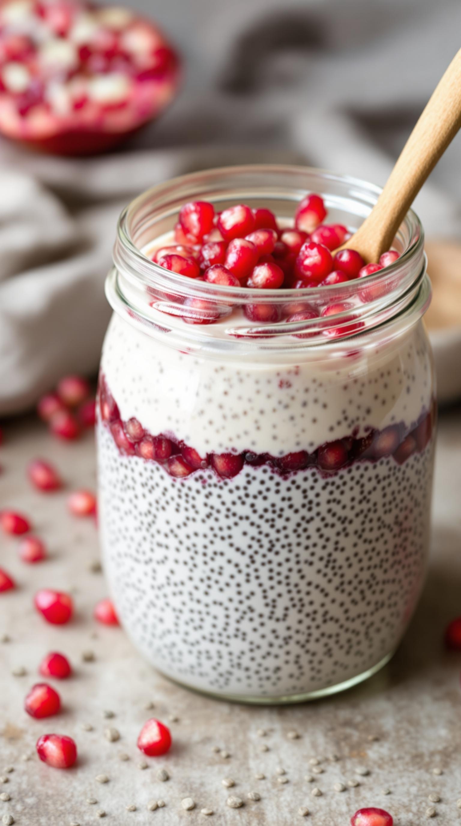 A jar of pomegranate chia seed pudding topped with fresh pomegranate seeds.