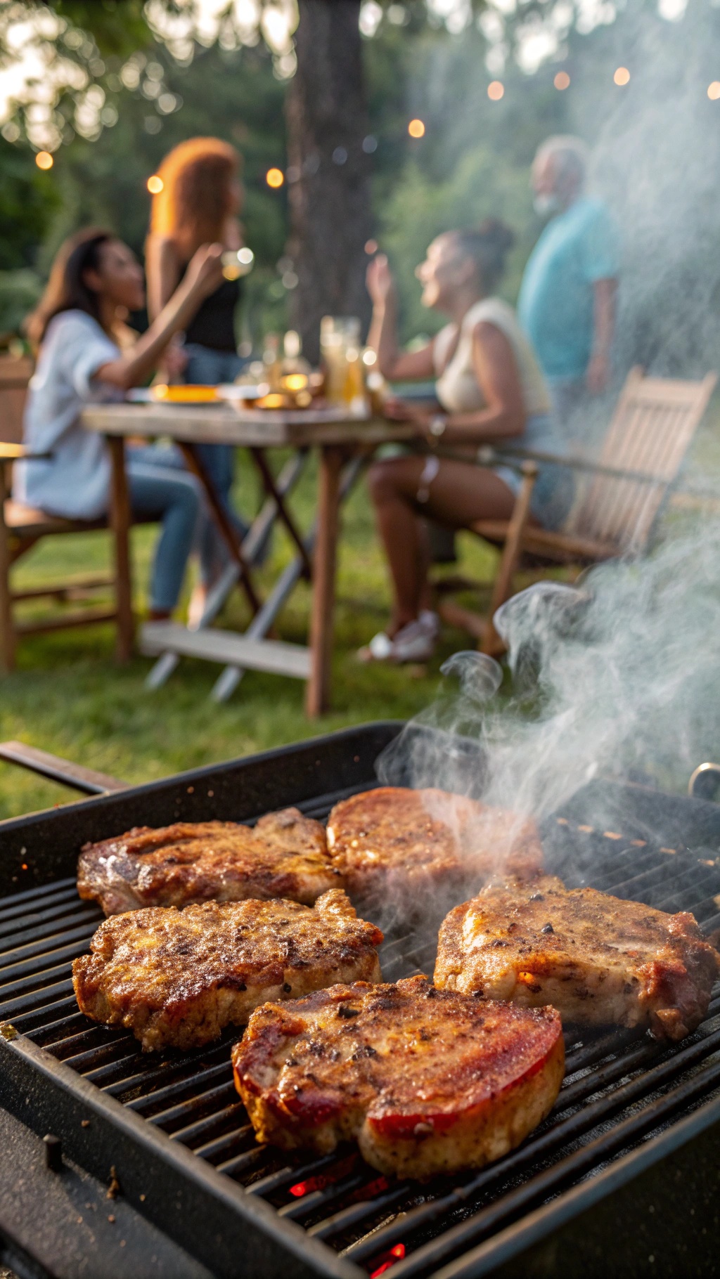 Grilled pork chops with a sweet and spicy rub, with people enjoying a meal in the background.