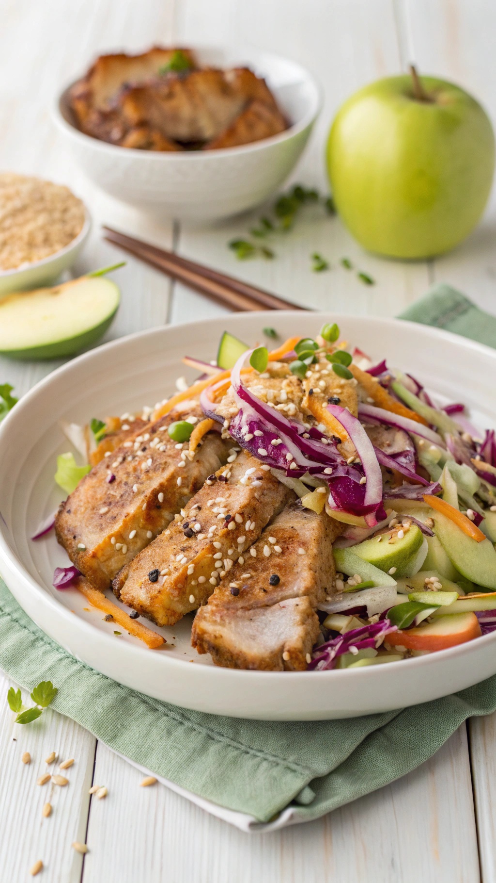 A plate of pork chops served with cabbage and apple slaw, garnished with sesame seeds.