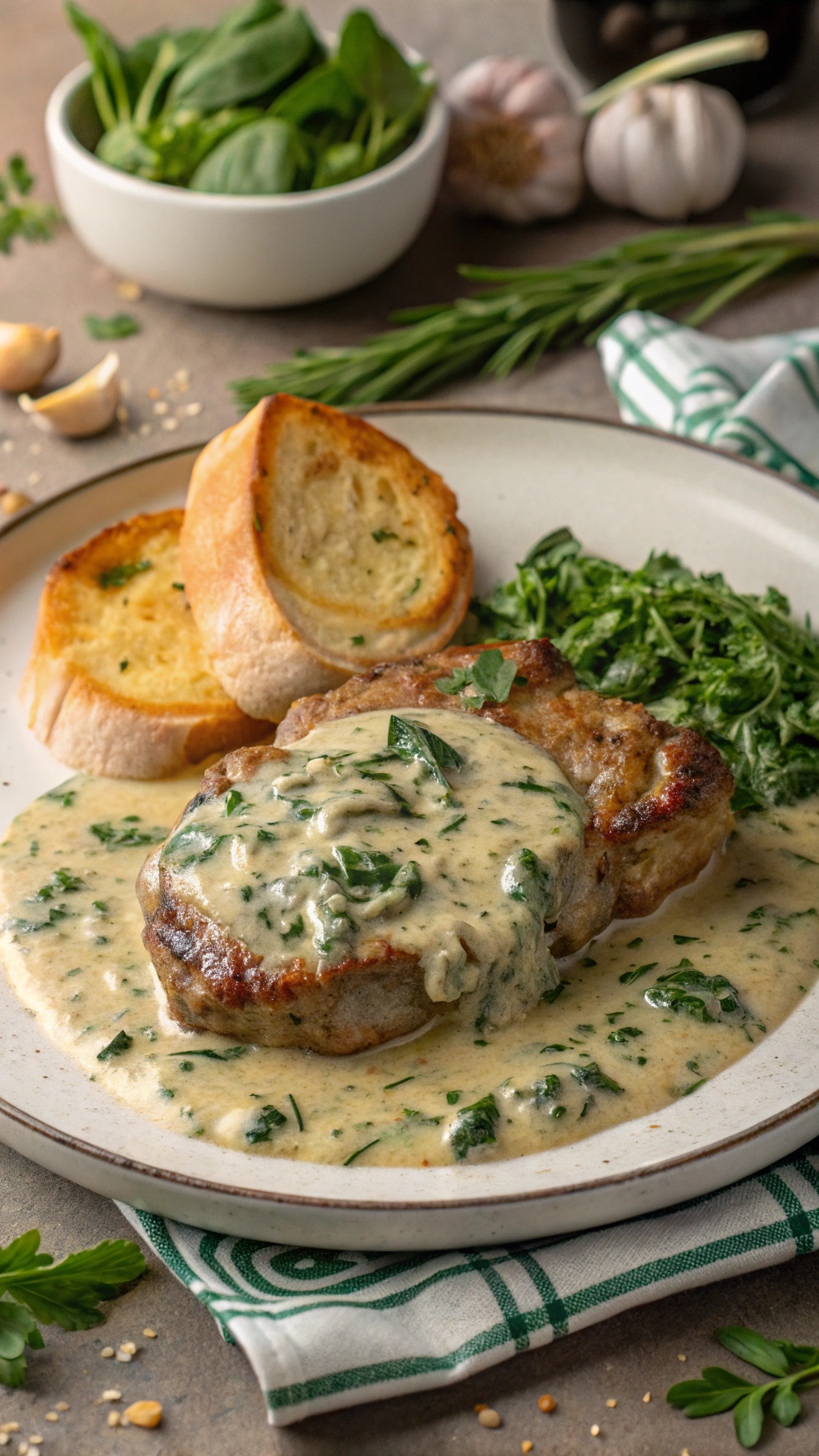 Pork chops with creamy spinach sauce served with garlic bread and fresh spinach.