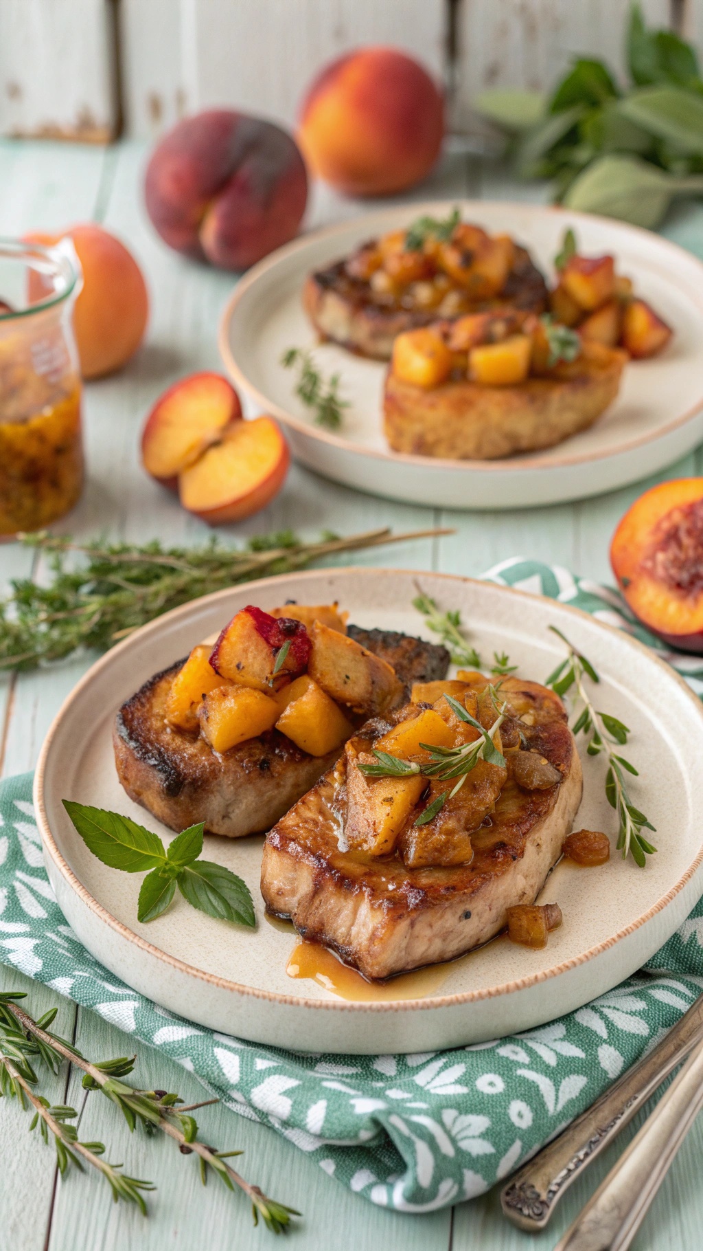 Pork chops topped with peach chutney on a plate, surrounded by fresh peaches and herbs.
