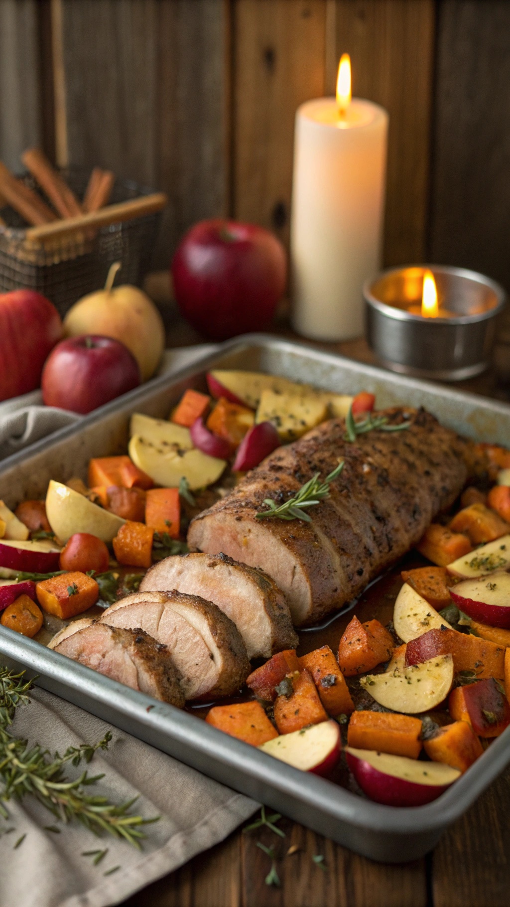 A delicious pork tenderloin with apples and sweet potatoes on a sheet pan, surrounded by candles and fresh herbs.