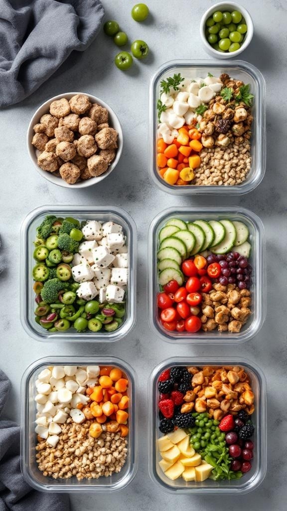 Colorful fruits and vegetables in portion control containers on a gray background