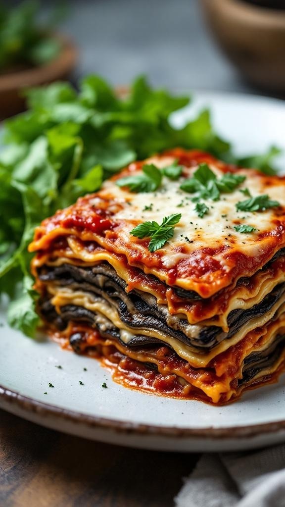 A delicious serving of portobello mushroom lasagna with layers of cheese and marinara sauce, garnished with parsley.