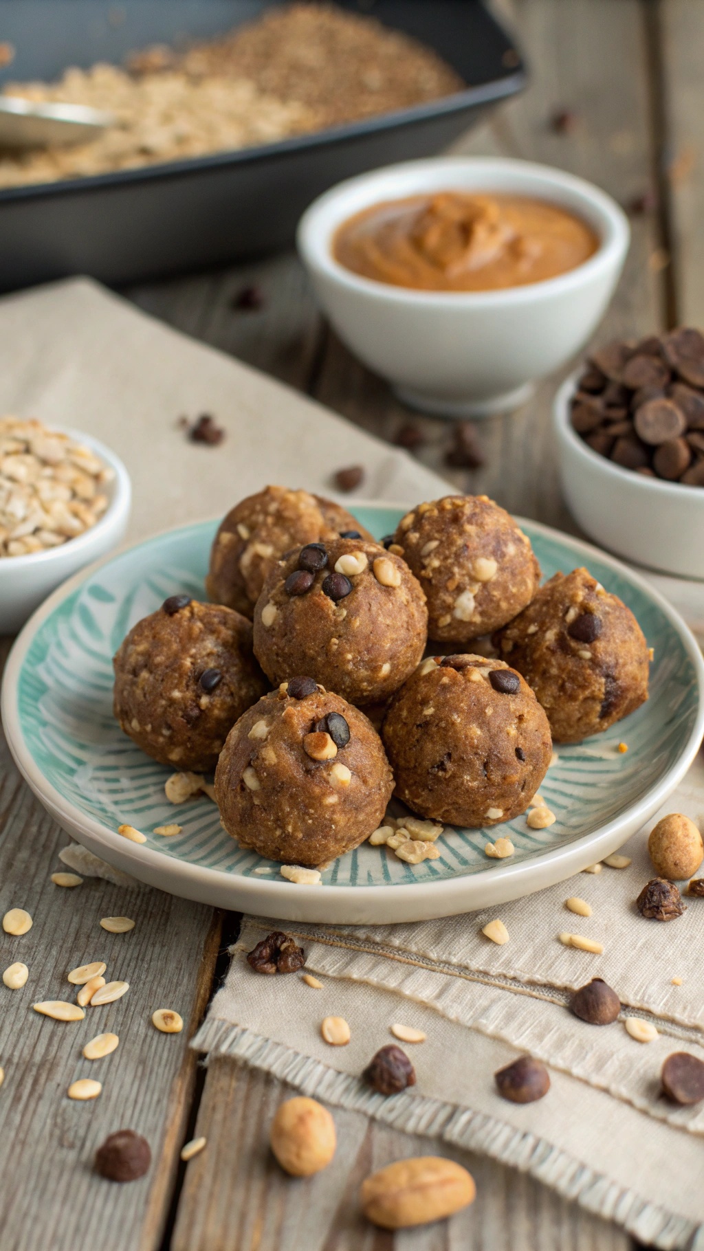 A plate of peanut butter protein balls with chocolate chips, surrounded by ingredients like oats and peanut butter.