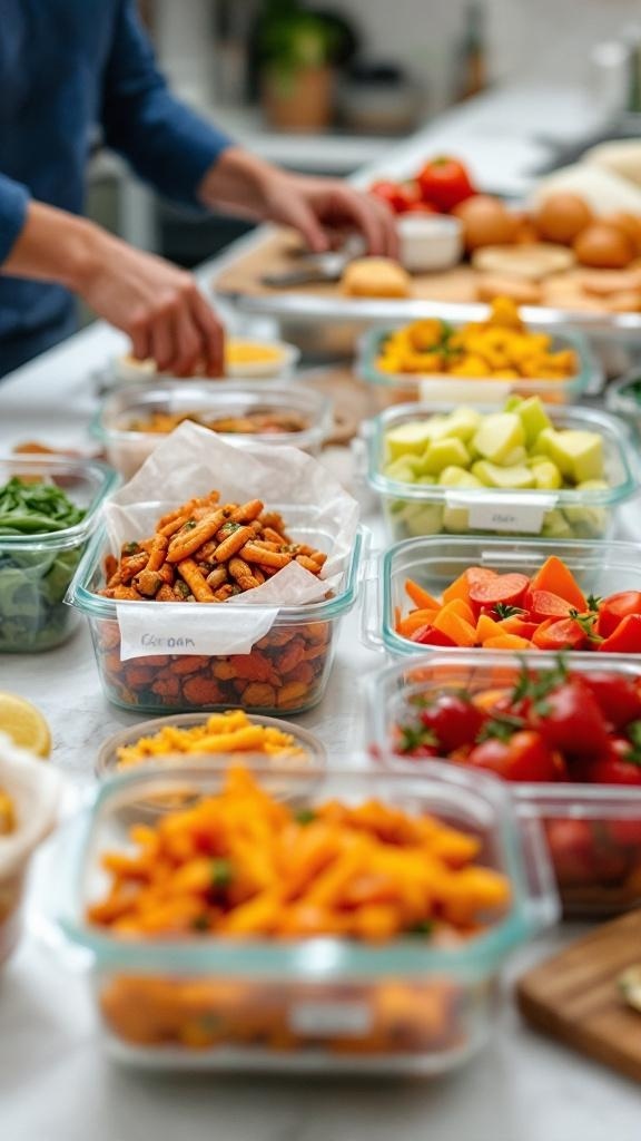 An organized meal prep setup with colorful ingredients in glass containers.